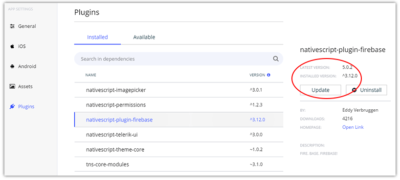 nativescript sidekick plugin update