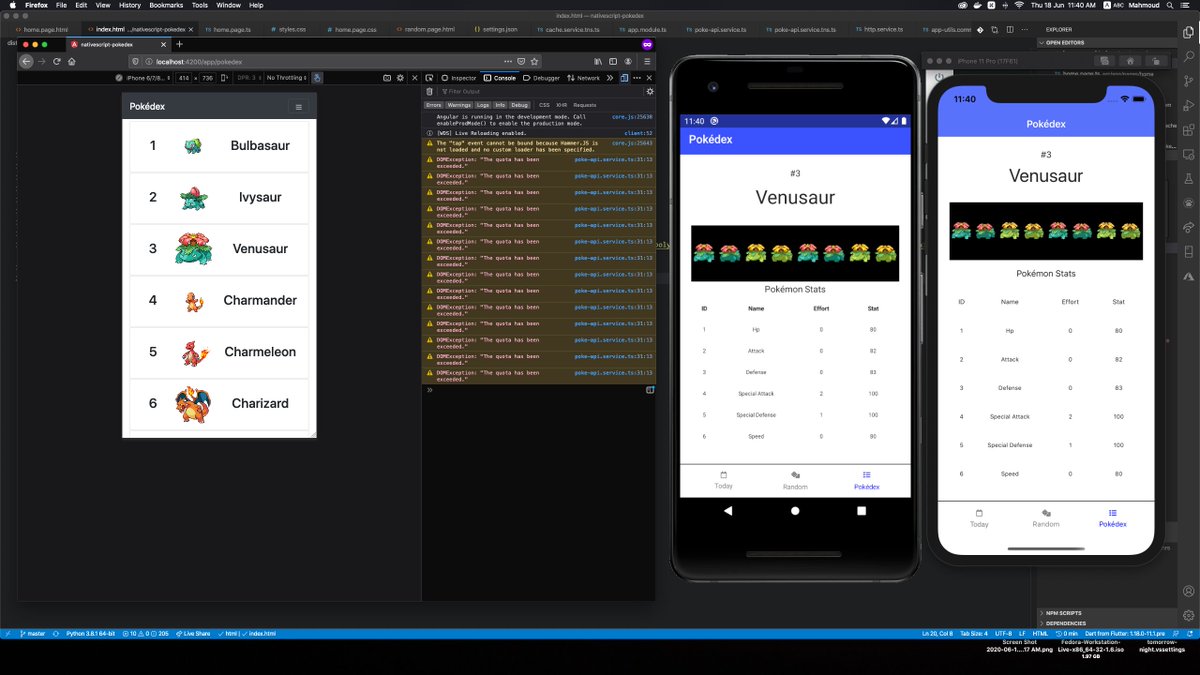 Screenshot of macOS screen with Firefox window, Android emulator, and, iOS simulator running NativeScript Pokédex proof of concept app